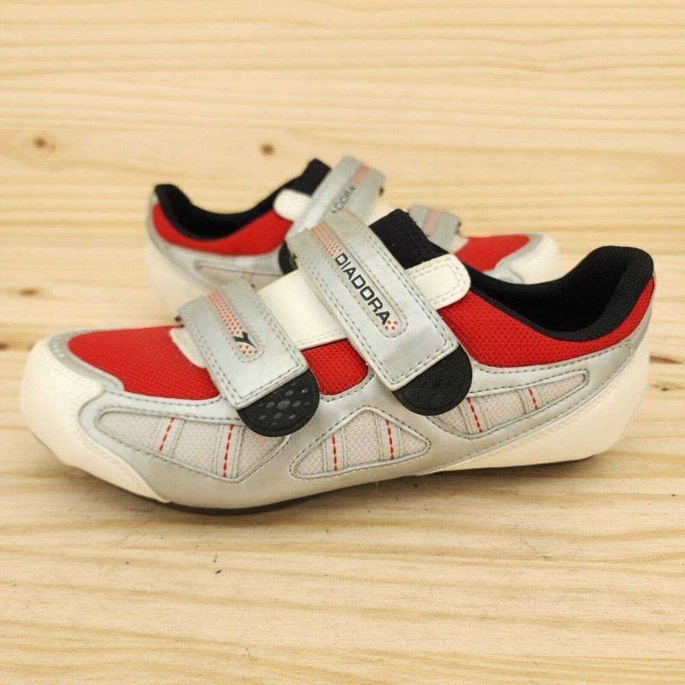 Diadora Mens Cycling Shoes Sz 7.5 Red White Silver Hook Loop Sneakers